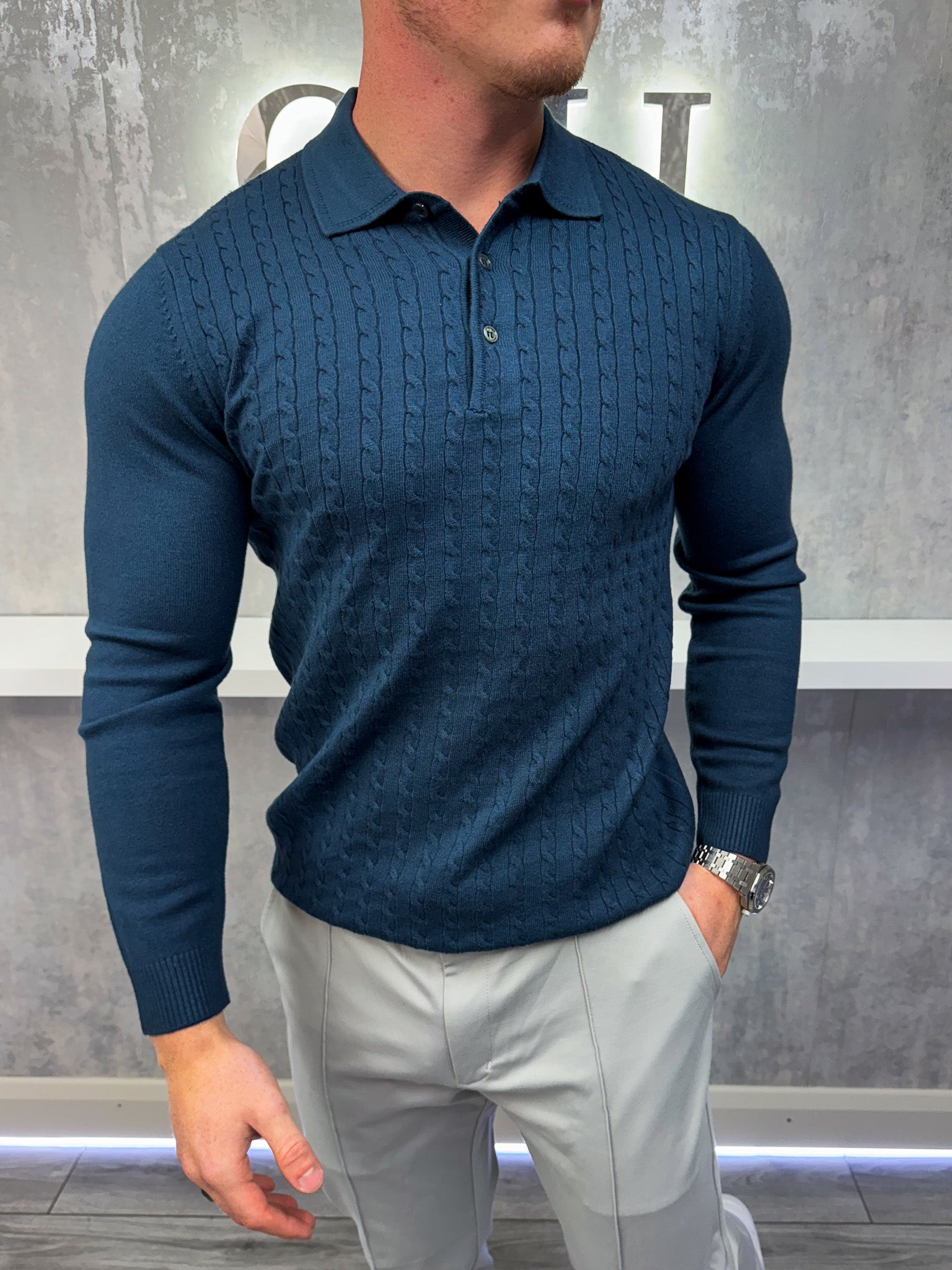 Long sleeve button up polo - Navy