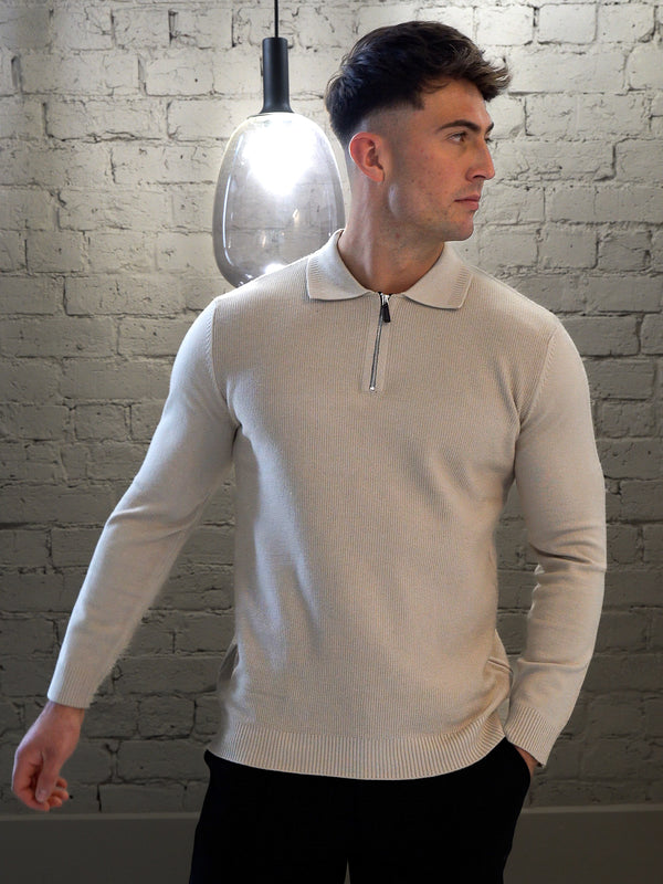 Long sleeve zip polo - Beige